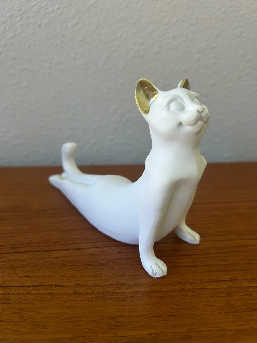 Upward-Facing Dog Zen Yoga Kitty White Ceramic Figurine with Gold Ears